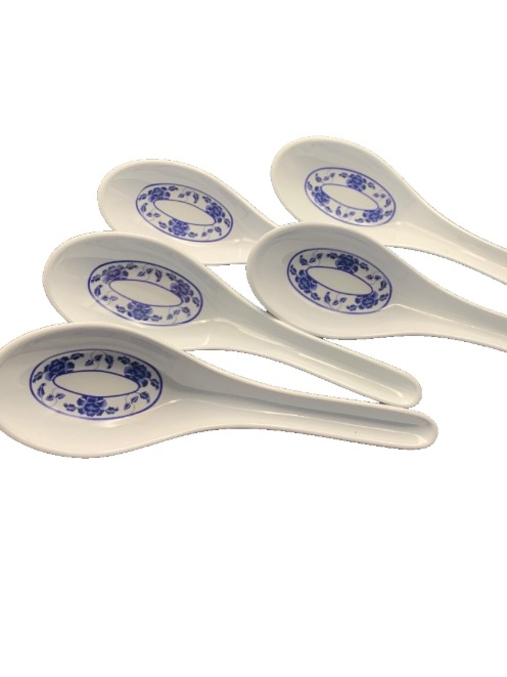 Vintage Japan Chinese Soup Spoons Ladle Blue Lotus Pattern Lot Set of 5 Melamine